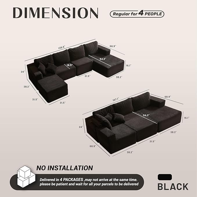138" Boneless Couch with Deep Seat, Modular Sectional Sofa, Cloud Sectional Couch for Living Room, No Assembly Required, Corduroy, U-Shape 4 Seater Right, Black