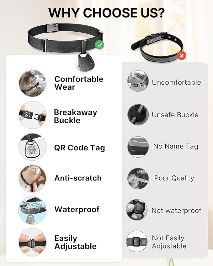 Cat Collar with QR Code Name Tag, Breakaway Kitten Collar for Boy & Girl Cats, Ultra Soft Elastic Adjustable Band, Safety Break Away Buckle, Comfortable & Secure Pet ID Collar (6"-12"), Black