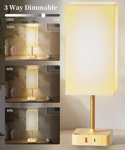 cozoo USB Bedside Table Desk Lamp with 2 USB Charging Ports and 2 AC Outlets,Dimmable Nightstand Lamp with Charger Base White Fabric Shade, LED Light Lamp for Bedroom/Nightstand/Living Room