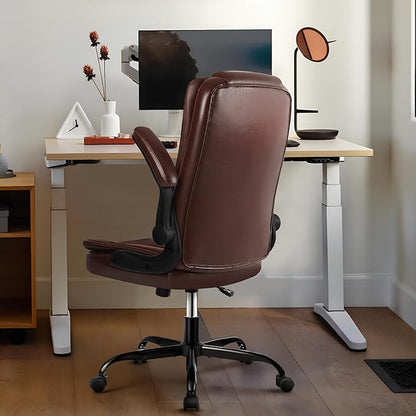 VITESSE Ergonomic Office Chair with Flip-up Armrests, Big and Tall Leather Executive Office Chair, High Back Lumbar Support Home Computer Desk Chair, Heavy and Duty Computer Chair (Brown)