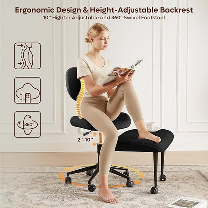 Cross Legged Office Chair with Wheels for ADHD, Ergonomic 360° Swivel Height-Adjustable Meditation Chair for Yoga, Wide Kneeling Chair with Strong Lumbar Support, Teddy Fabric, Black