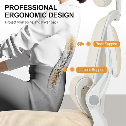 BOWTHY Ergonomic Office Chair,Home Mesh Office Desk Chairs,High Back Chair 330 LBS,Swivel Computer Task Chair with Adjustable Lumbar Support,Up&Down Flip-Up Arms,Rocking Function (Beige)