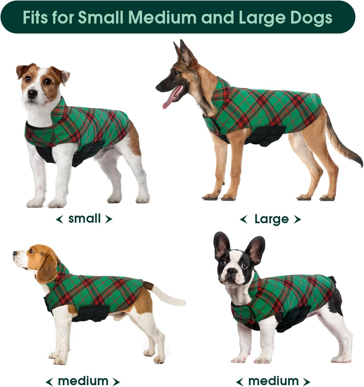 Kuoser Waterproof Dog Coat, Reversible Dog Jacket for Large Dogs, Adjustable Durable Doggie Winter Coat for Groowing Puppies Warm Puppy Cold Weather Apparel, Christmas Green L