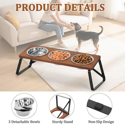 Foldable Raised Cat Bowls Holder 3 Stainless Steel Dog Cat Feeder 12 °Tilt Elevated Pet Water Food Bowls for Cats Puppies Rabbits