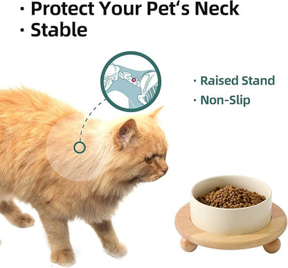 Ceramic Elevated Cat Food and Water Bowl, Kitty Bowl, Raised Cat Dish, Pet Feeder (5.1 in,1 x Beige + Stand)