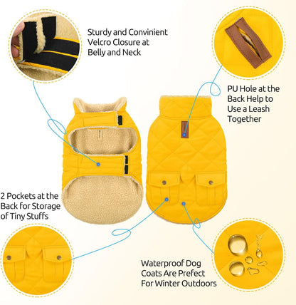 Queenmore Dog Winter Coat Warm Puffer Jacket Waterproof Plush Lining Thermal Cold Weather Vest for Small Medium Large Dogs, Windproof Easy On Pet Jacket Yellow M