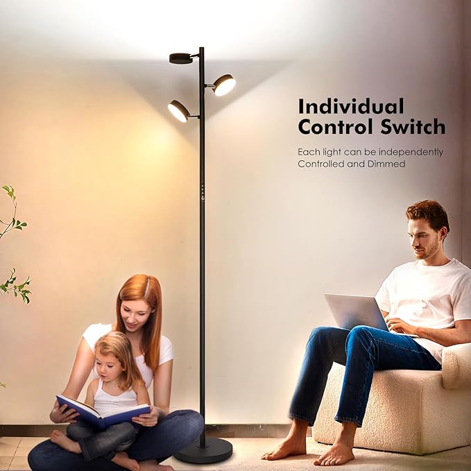 LED Tree Floor Lamp with Remote & Touch Control, 3 Heads Adjustable Dimmable Modern Floor Lamps with Timer, 4 Color Temperatures, Tall Standing Lamp for Living Room, Bedroom, Office, Black