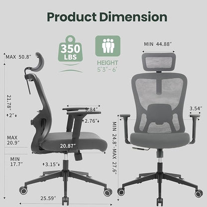 ZYFFHYLAI Ergonomic Office Chair - 350LB Mesh Office Chair with Adjustable Lumbar, High Back Computer Desk Chair with 3D Armrest, Comfy Chair with 2D Headrest & Tilt Function for Study, Work, Gaming