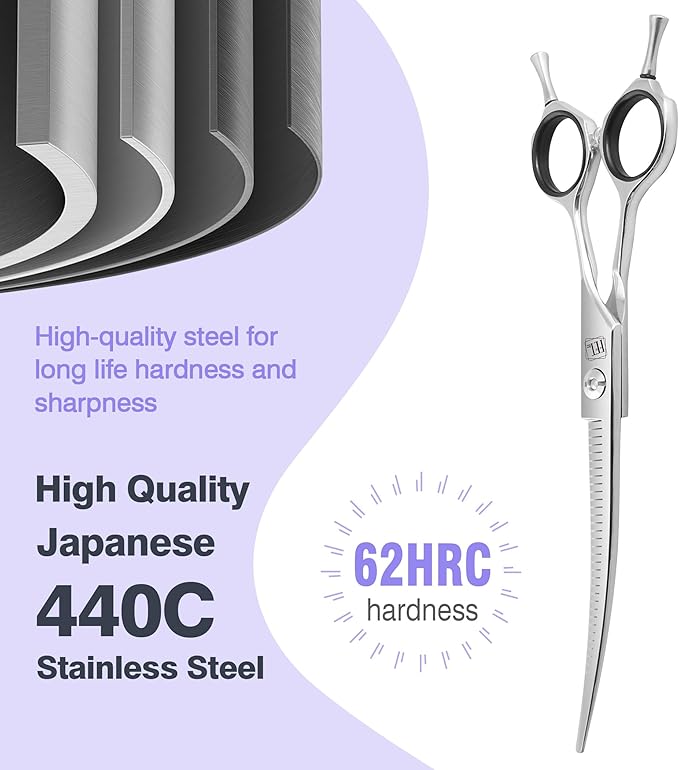 Professional Curved Thinning Scissors for Dog Grooming, 30-Degree Curvature, Japanese 440C for Trimming Dogs Cats and Other Pets face and paws