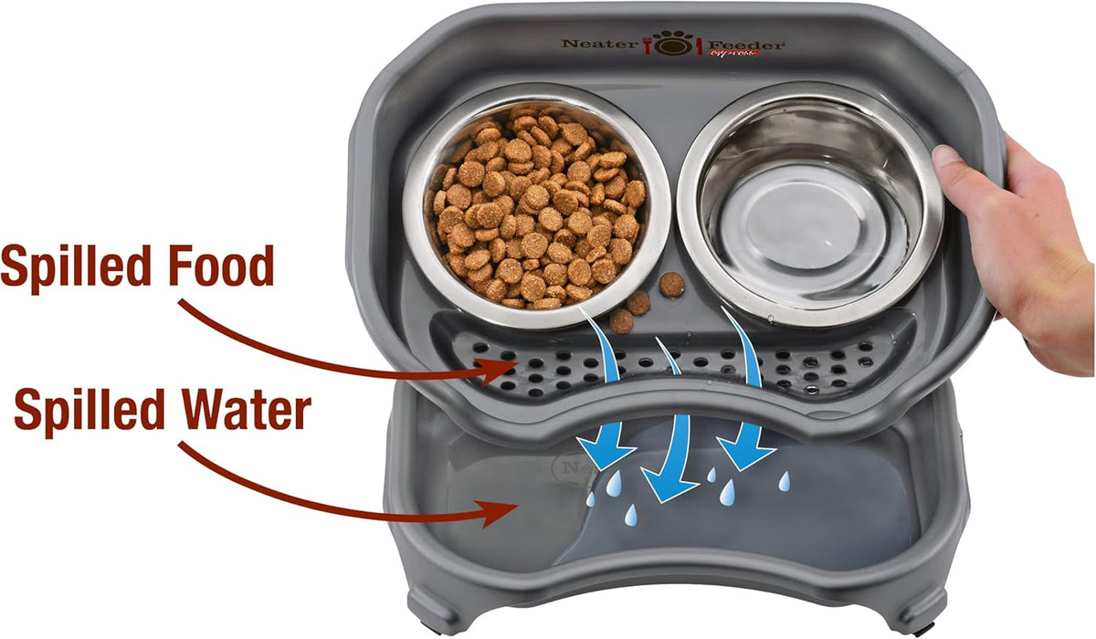 Neater Feeder Express Mess Proof Dog Bowls Elevated for Small Breeds Under 15 Lb, Made in USA, No Spill Raised Dog Food Bowl Stand, Stainless Steel Food and Water Bowl Set, Feeding Station, Grey