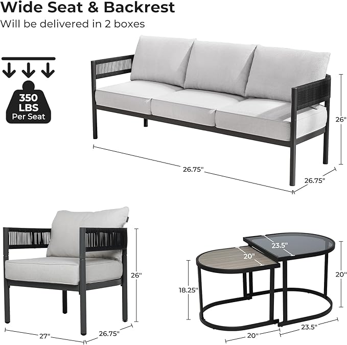 Grand patio 5-Piece Outdoor Furniture Set, 5 Seats Wicker Sofa Conversation Set with 3-Seat Couch, Thick Cushions and Coffee Table, for Backyard, Balcony, Garden (Beige)