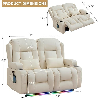 URRED Loveseat Recliner Sofa with Massage and Heat, Power Reclining Loveseat Sofa RV Couch Home Theater Seating with LED Lights, Cup Holders, Side Pockets, USB, Pillows, Faux Leather, Ivory
