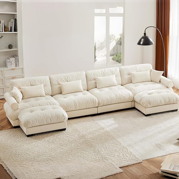 166" Oversized Couch, 4 Seater Modular Sectional Sofa, Beige White Large U Shaped Sectional Couches, Fluffy Couch Set, 4 Seater, Velvet Cloud Couches with Ottoman, Sofas for Living Room