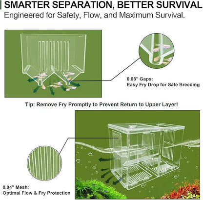 Dual-Chamber Aquarium Fish Breeder & Isolation Box, Transparent Hatching Incubator Tank with Suction Cups & Hook, Nursery for Livebearer Guppy Fry Breeding and Betta Fish, Shrimp Quarantine