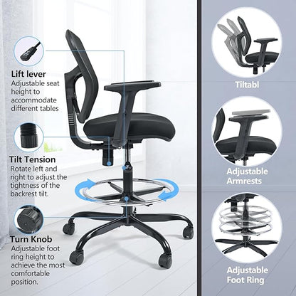 Drafting Chair, Tall Office Chair Ergonomic Standing Desk Chair,Rolling Desk Chair with Adjustable Armrest & Foot Ring,SGS Certified Gas Cylinder,High Rebound Sponge. (Black)