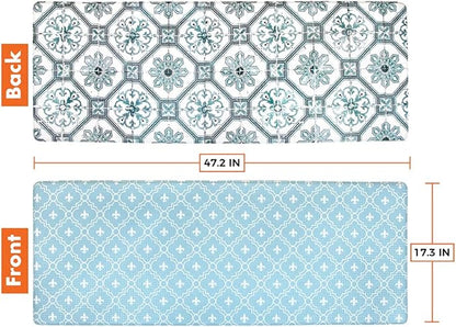 OPUX Anti Fatigue Kitchen Floor Mat, Reversible Cushioned Memory Foam Kitchen Rug Pad, Waterproof Non-Slip Padded Comfort Standing Mat Office Laundry Home, 47x17 (Floral Tile Blue)