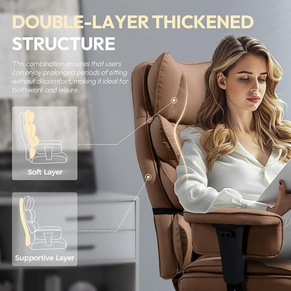Dowinx Big and Tall Office Chair with Pocket Spring Cushion,High Back Computer Gaming Chairs with Adjustable Armrests,Executive Desk Chairs with Lumbar Support and Footrest,PU Leather-Brown