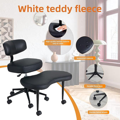 DUMOS Ergonomic ADHD Cross Legged Office Desk Chair with Adjustable Backrest, Height Adjustbale Meditation Chair with 360° Swivel Footstool, PU Leather Yoga Stool for Home Office, Black