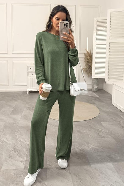 AmazingStar Womens Lounge Set 2025 Fall 2 Piece Outfits Long Sleeve Tops Wide Leg Long Pants Cozy Matching Sets Clothing