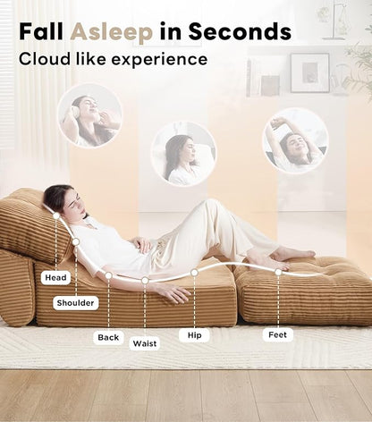 Tbfit Folding Sofa Bed, Convertible Sleeper Chair with Large Pillow, Corduroy Folding Couch Bed, Portable & Foldable Mattress Boneless Floor Sofa for Living Room, Bedroom, Office, Brown, Single