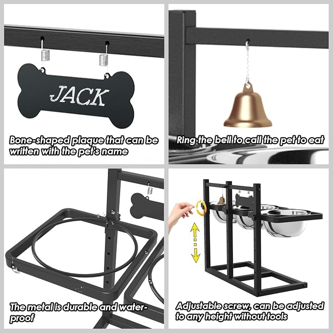 Elevated Dog Bowl Stand for Medium/Large Dogs with Slow Feeder & Mat, Adjustable Height 3.9'',5.5'',7.1'',8.7'',10.2'',11.8'', 58oz Raised Triple Dog Food Water Bowls