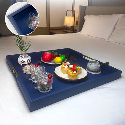 24x24 Inches Extra Large Blue Faux Leather Wrapped Wood Ottoman Tray with Golden Handles for Serving Food and Breakfast On Bed, Square Coffee Table Organizer, Home Decor and Decorative