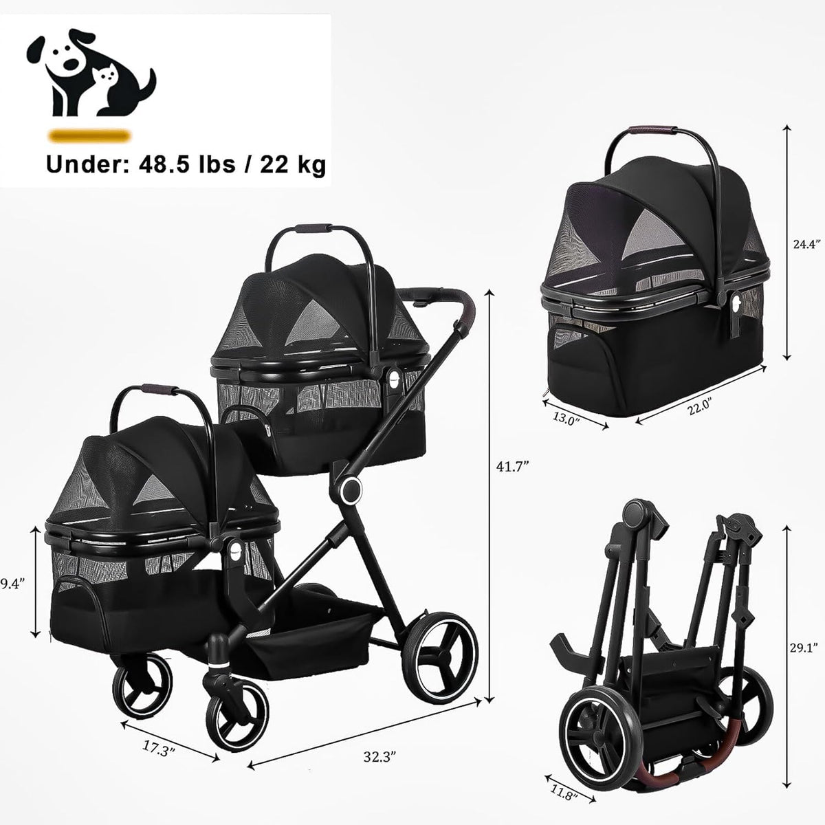 Foldable Double Pet Stroller for 2 Small Medium Cats Dogs, Lightweight Single and Double Integrated Pet Stroller with Detachable Carriers