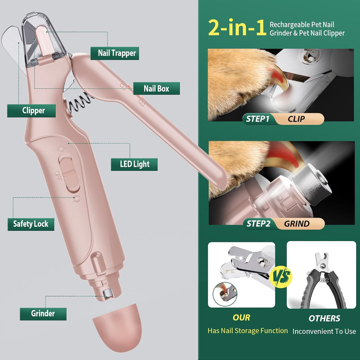 Dog Nail Clippers & Cat Nail Clipper with Catcher, 2 in 1 Dog Nail Trimmers & Grinder with Light for Large Small Dogs Cats,Silent Groom Pro Claw Trimmer, Rechargeable Dogs Nails Grinder Quiet