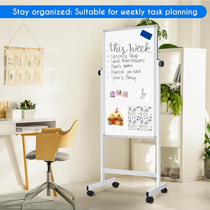 maxtek Rolling White Board, 48 x 24 Height Adjustable Whiteboard on Wheels, Large Magnetic Standing Mobile Easel Board, Double-Sided with Stand for Office, Home, and Classroom