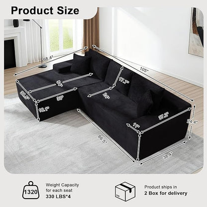 105" Cloud Modular Sectional Couch with L-Shape Chaise, Upholstered Corduroy Couches for Living Room, No Assembly Required Deep Seat Boneless Sofa