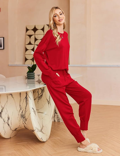 Ekouaer Women's 2 Piece Lounge Set Long Sleeve Knit Pajamas Sweatsuit Jogger Pant Outfits With Pockets S-XXL
