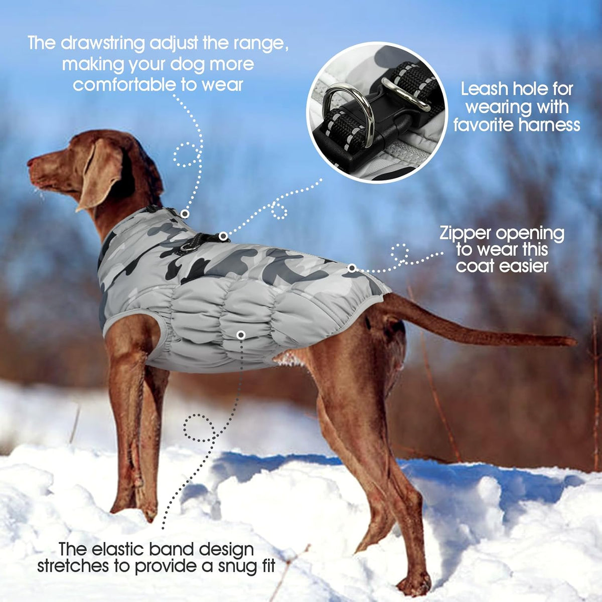 FUAMEY Dog Coat for Large Dogs,Waterproof Dog Winter Jacket with Harness Built in Puppy Cold Weather Coats Reflective Pet Vest with Zipper Warm Fleece Dogs Snowsuit Windproof Grey Camo XXL