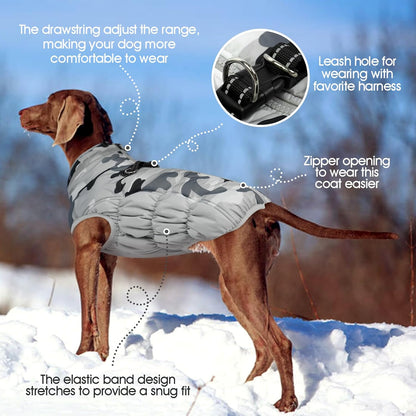 FUAMEY Dog Coat for Large Dogs,Waterproof Dog Winter Jacket with Harness Built in Puppy Cold Weather Coats Reflective Pet Vest with Zipper Warm Fleece Dogs Snowsuit Windproof Grey Camo XXL
