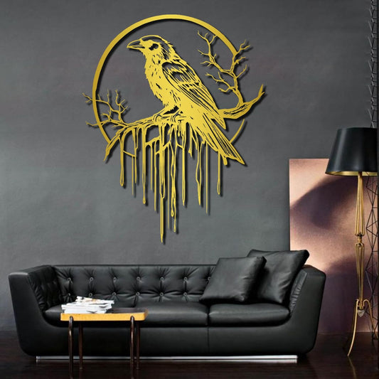 Crow Metal Wall Decor, Raven Wall Art, Large Gothic Raven Decor Hangings, Bird Wall Decor, Metal Tree Branch Decor, Ravens Sign, Raven Art for Living Room (Gold, 28"x22" |70x56cm, metal wall art)