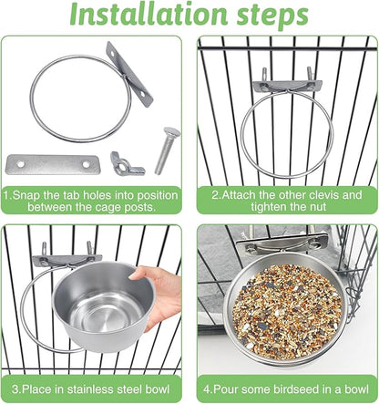 Tfwadmx 4 Pcs Stainless Steel Bird Bowls with Clamp,Clamp Holder Coop Cup,Bird Dishes for Cage, Cage Water Bowl for Cockatiels Lovebird Budgie Chinchilla