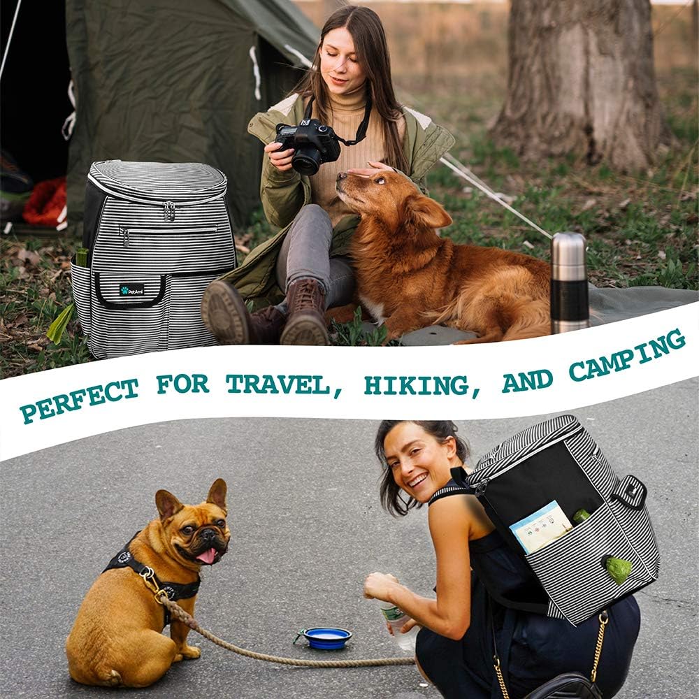 PetAmi Dog Travel Bag Backpack, Airline Approved Dog Bags for Traveling, Puppy Diaper Bag Supplies, Pet Camping Essentials Hiking Accessories Dog Gift, Food Container, Collapsible Bowls, Stripe Black