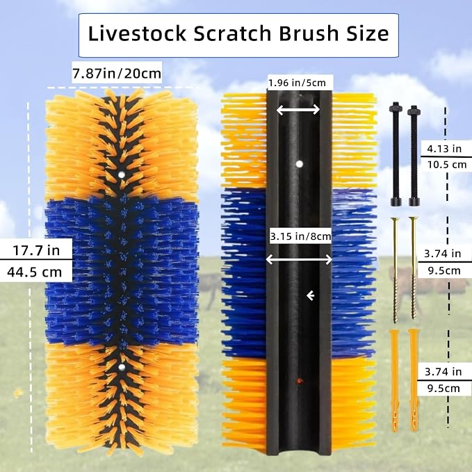Livestock Scratching Brush 1 Pack, Itch Relief Goat Scratching Post | Horse Cow Goat Brushes for Scratching, Self-Grooming, Upgraded No-Strip Screws for Easy Install Barn Farm, Protects Fence