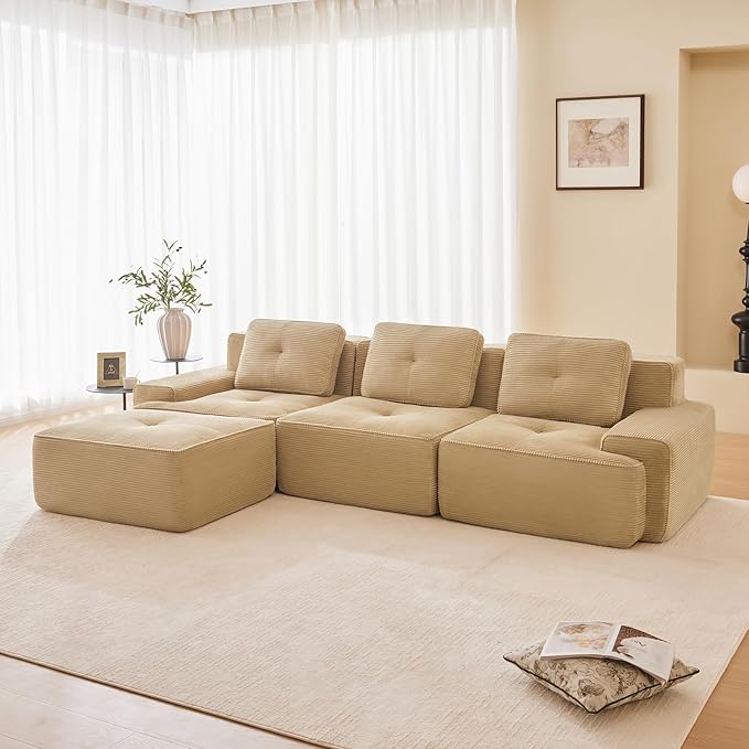 115" Modern Corduroy Cloud Sofa with Ottoman, L Shaped Boneless Modular Large Sectional Couches for Living Room, Camel 3 Seater Compressed Memory Foam Couch, Extra Deep Seat, No Assembly