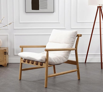 Linen Accent Chair Mid Century Modern Living Room Chairs Comfy Arm Chair with Solid Wood Frame Upholstered Lounge Reading Chair Cozy Recliner for Bedroom/Guest Room, Beige