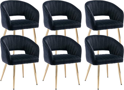 KCC Modern Accent Dining Chairs Set of 6, Upholstered Velvet Dining Room Chairs with Hollow Back, Tufted Kitchen Chairs Side Chairs with Gold Metal Legs for Living Room Restaurant, Black