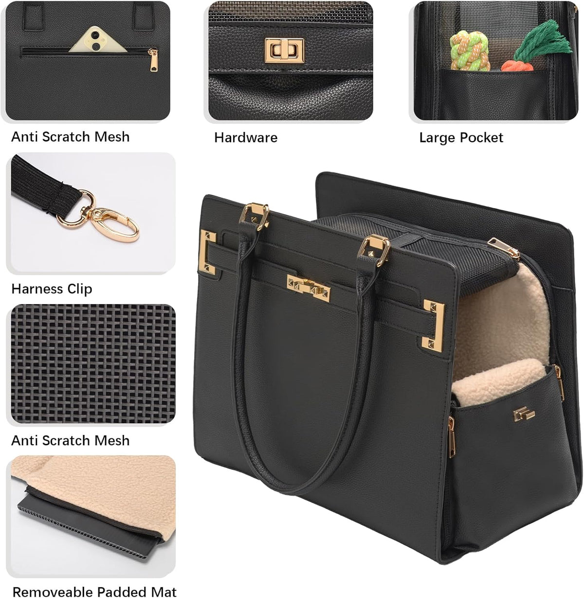 2-in-1 Stylish Dog Purse Carrier Soft-Sided Carriers Travel Tote Bag for Small Dogs Cats, Fashion Foldable Pet Bag for Puppies Small Animals with Pockets (Black, 15" L x 7.5" W x 12.2" H)