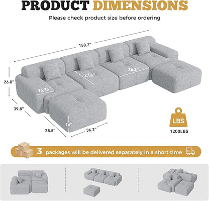 158" Modern U Shaped Modular Sectional Sofa, Boneless Couches for Living Room,6 Seater Convertible Chenille Cloud Couch Sofa Set, No Assembly Required, Light Grey 1 PCS