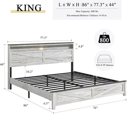 Farmhouse Wooden Bed Frame King Size with Storage Headboard, Boho Platform Bedframe with LED Lights and Charging Station, Metal Slats Support, No Box Spring Needed, White