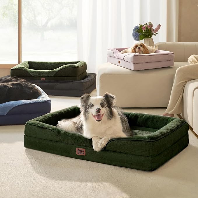 EHEYCIGA Orthopedic Dog Bed for Large Dog, Memory Foam Dog Couch, Dark Green