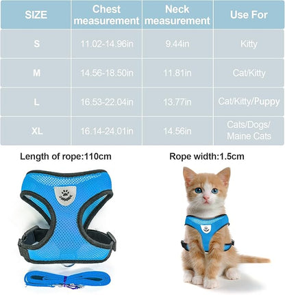 shudyear Summer cat Chest Harness and Leash, Anti-Escape Adjustable Soft mesh cat Leash and Chest Harness Set for All Types of Cats cat Vests (Size S, Sky Blue)