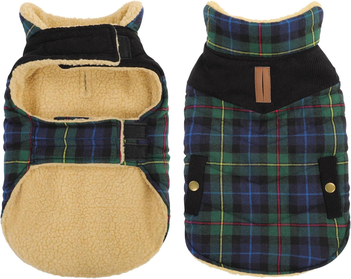 Queenmore Dog Winter Coat Warm Dog Jacket for Cold Weather, Quilting Puffer Plaid Coats for Small/Medium Dogs Waterproof,Girl/Boy Pet Christmas Coat,Pet Snowsuit with Leash Hole/Fleece Padding, L