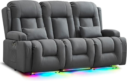 URRED Loveseat Recliner Sofa with Massage and Heat, Flip Middle Backrest Design 3 Seat Power Reclining RV Sofa Couch, Home Theater Seating with LED Lights, USB Ports, Outlets, Leathaire Blue