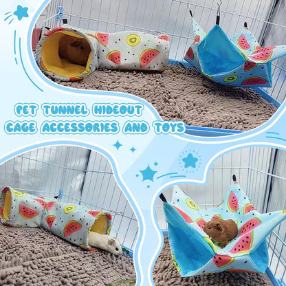 Large Caliber Guinea Pig & Rat Tunnel Hideout & Hammock, Corner Hideout Toy for Guinea Pig, Ferret, Hedgehog & Piggy to Hide and Shuttle (3. Tunnel-Watermelon)