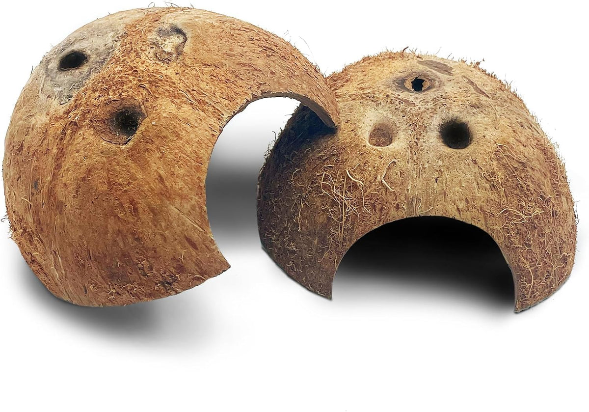 PINVNBY Natural Coconut Reptile Hideouts Lizard, Coco Hut Hermit Crab Hut Aquarium Fish Hide Cave for Small Reptile Crested Gecko Leopard Gecko Spider Snail Climber Toys (2 PCS Natural Surface)
