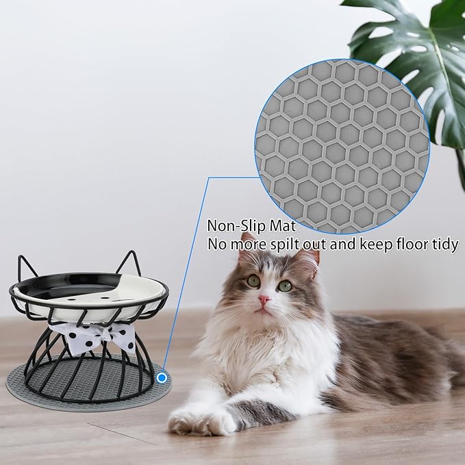 Elevated Cat Food Dish, Ceramic, Non-Slip Stand, Raised Feeding Station, 5 in, Shallow for Whiskers, Dishwasher Safe